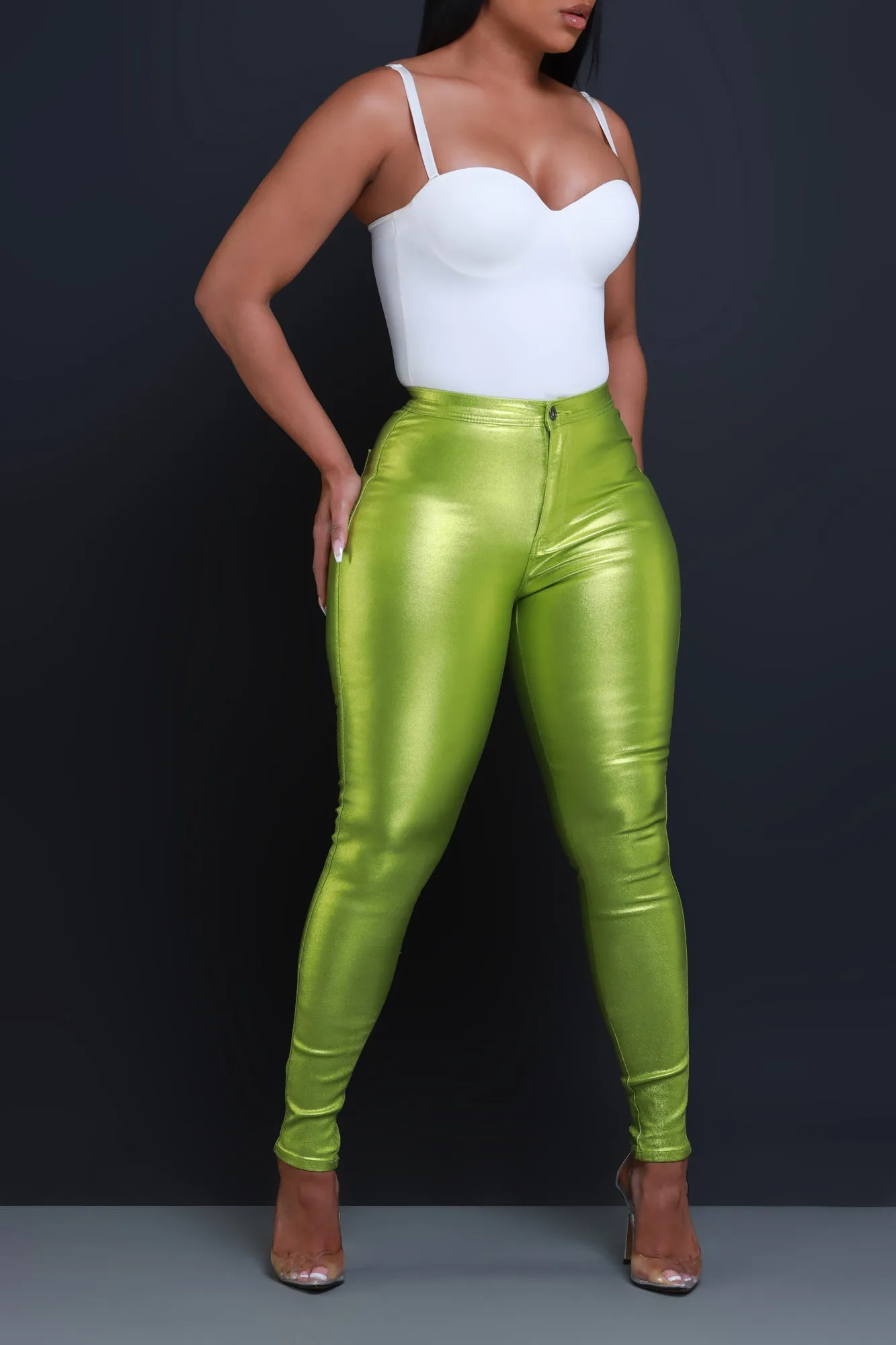 Coming In Hot High Rise Metallic Skinny Pants - Lime Green sold by Swankaposh product image thumbnail 3