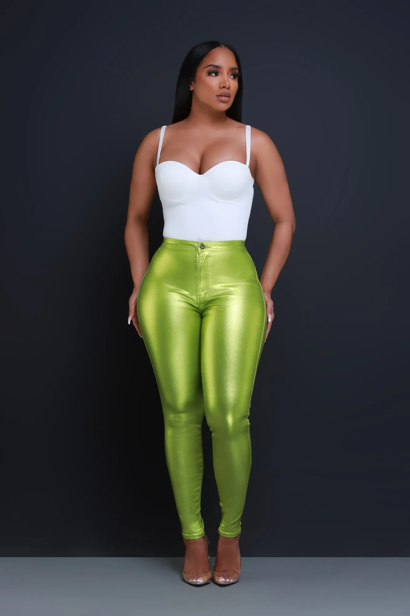 Coming In Hot High Rise Metallic Skinny Pants - Lime Green sold by Swankaposh