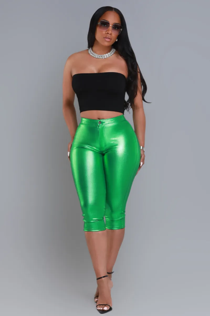 Make It Shimmer High Rise Metallic Capri Pants - Kelly Green