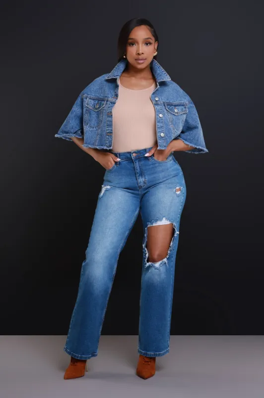 Click Short Sleeve Cropped Denim Jacket - Medium Wash sold by Swankaposh
