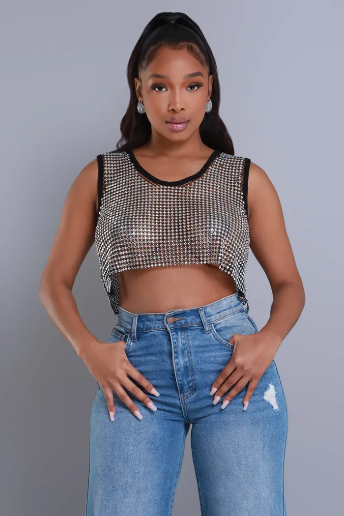 Sound Crazy Rhinestone Mesh Crop Top - Black sold by Swankaposh