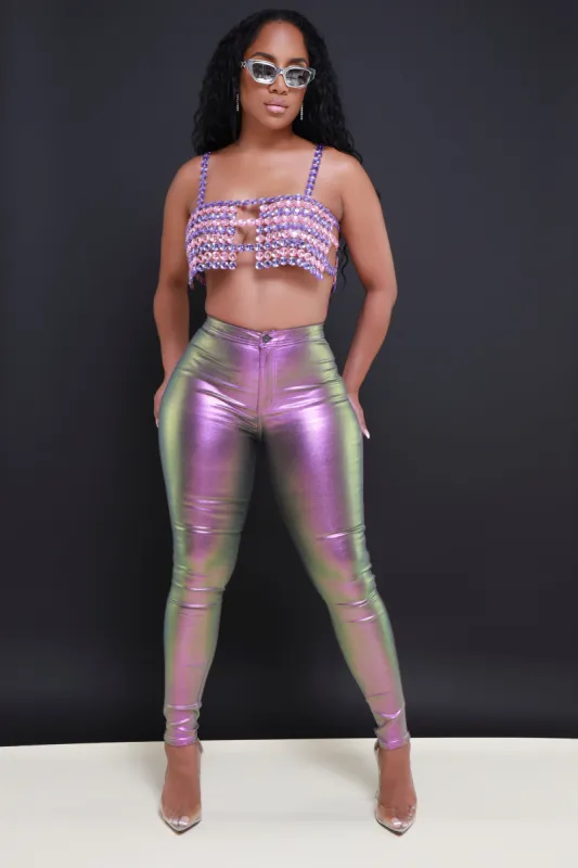 Coming In Hot High Rise Metallic Skinny Pants - Purple sold by Swankaposh