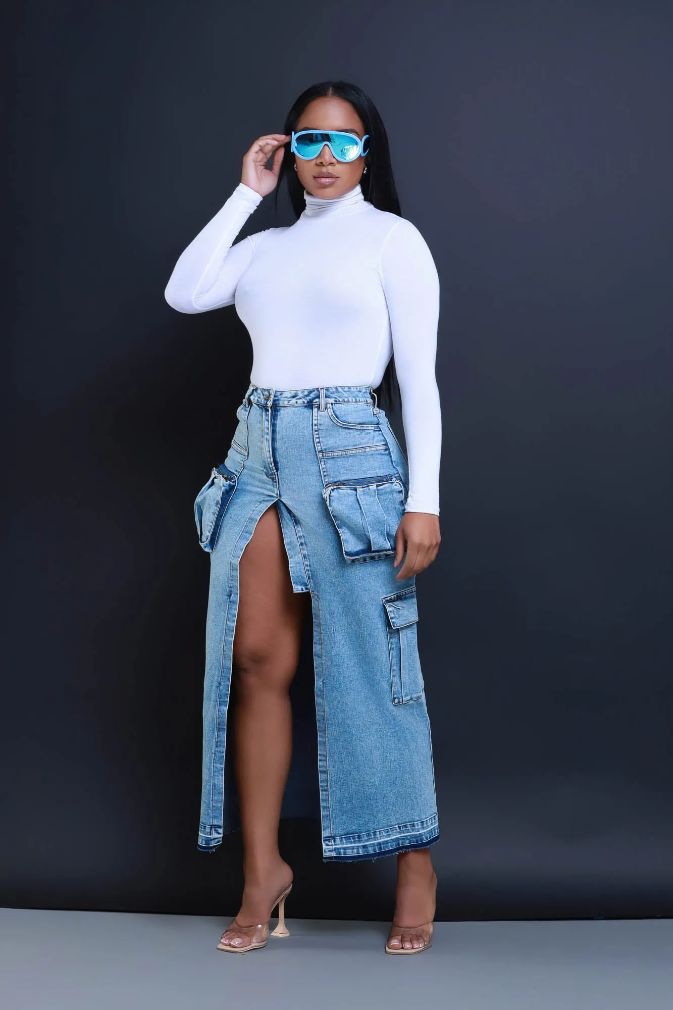 Back & Forth Denim Cargo Midi Skirt - Blue sold by Swankaposh product image thumbnail 2