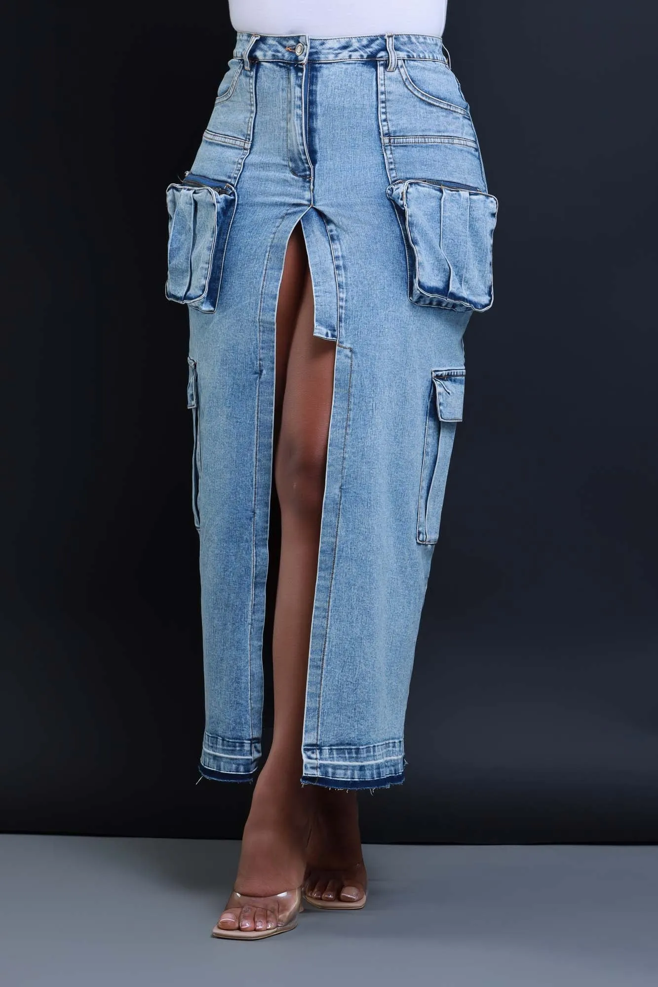 Back & Forth Denim Cargo Midi Skirt - Blue sold by Swankaposh product image thumbnail 3