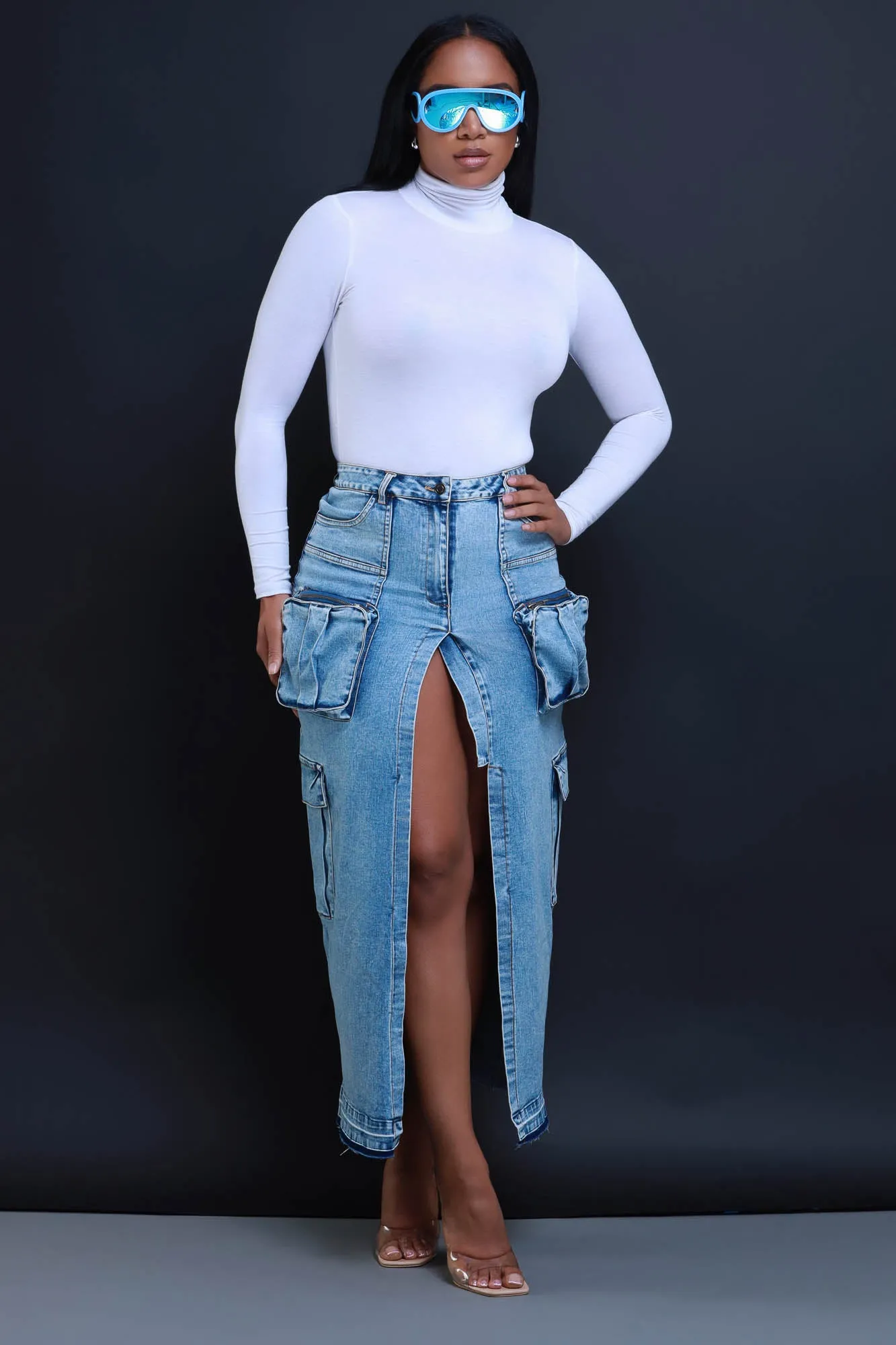 Back & Forth Denim Cargo Midi Skirt - Blue sold by Swankaposh