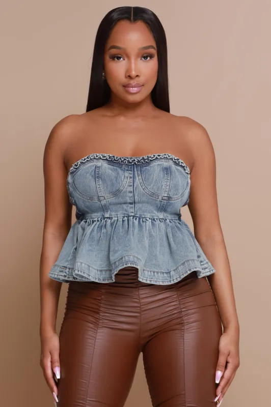 No Crumbs Strapless Denim Crop Top - Blue sold by Swankaposh