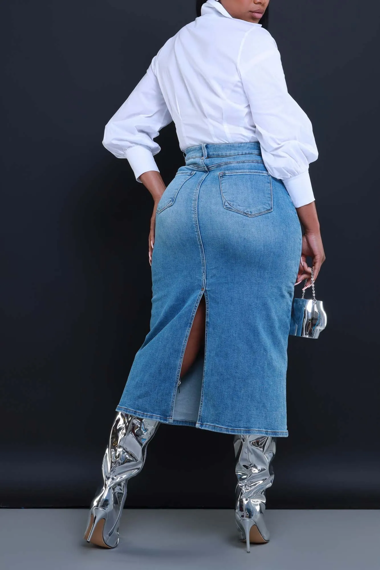 Cleaned Up High Rise Denim Midi Skirt sold by Swankaposh product image thumbnail 3