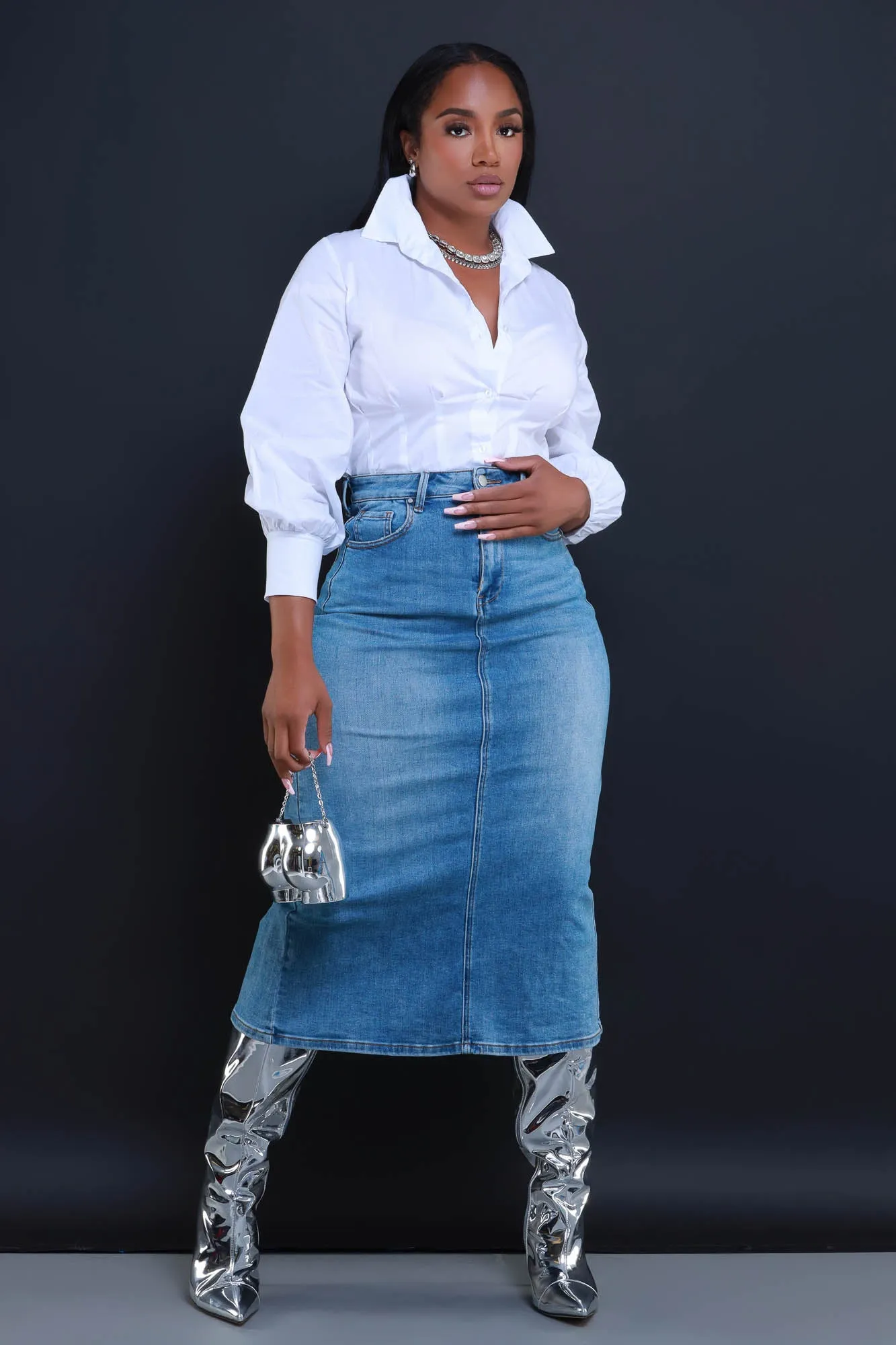 Cleaned Up High Rise Denim Midi Skirt sold by Swankaposh product image thumbnail 5