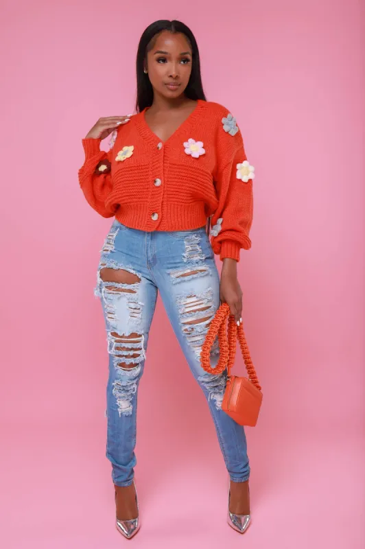 Full Bloom Long Sleeve Floral Cardigan Sweater - Orange sold by Swankaposh