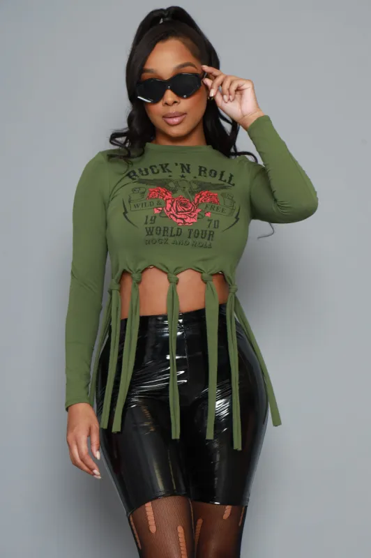 Rock Show Graphic Fringe Crop Top - Olive sold by Swankaposh