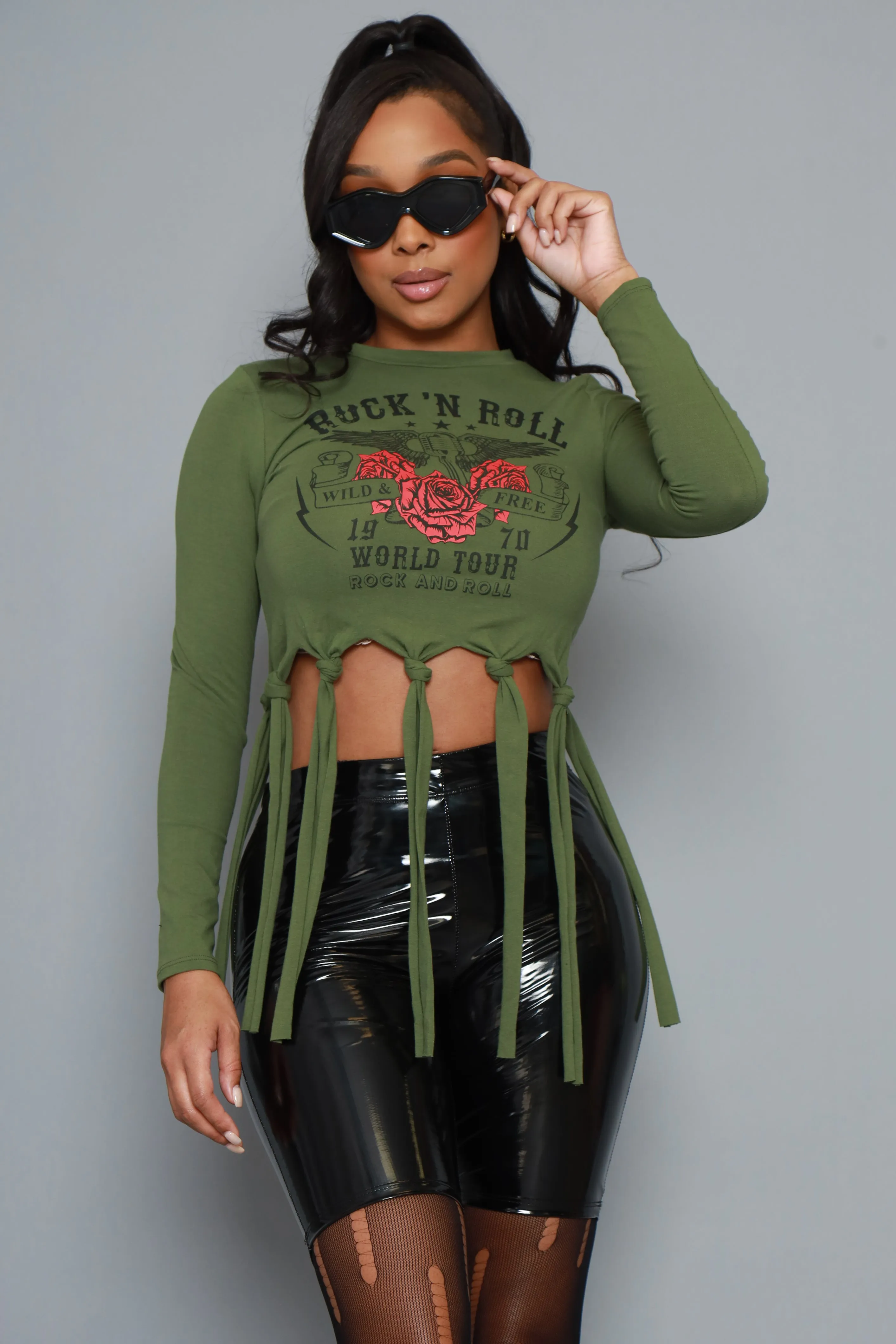 Rock Show Graphic Fringe Crop Top - Olive sold by Swankaposh