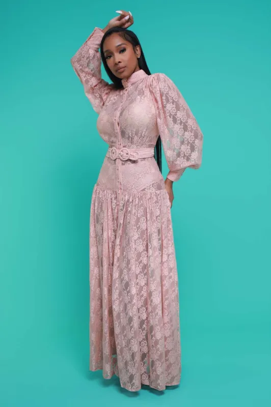 Healing Power Belted Lace Maxi Dress - Nude Peach sold by Swankaposh