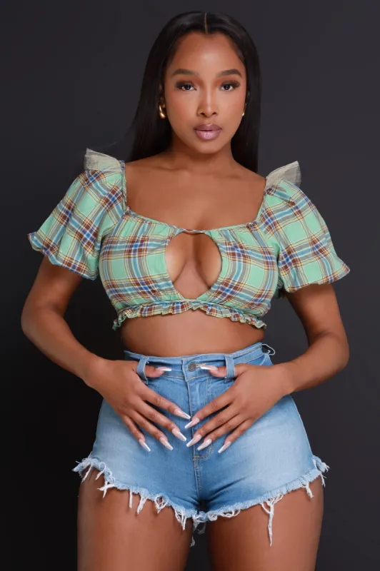 No Tea Puff Sleeve Cropped Top - Green Plaid sold by Swankaposh