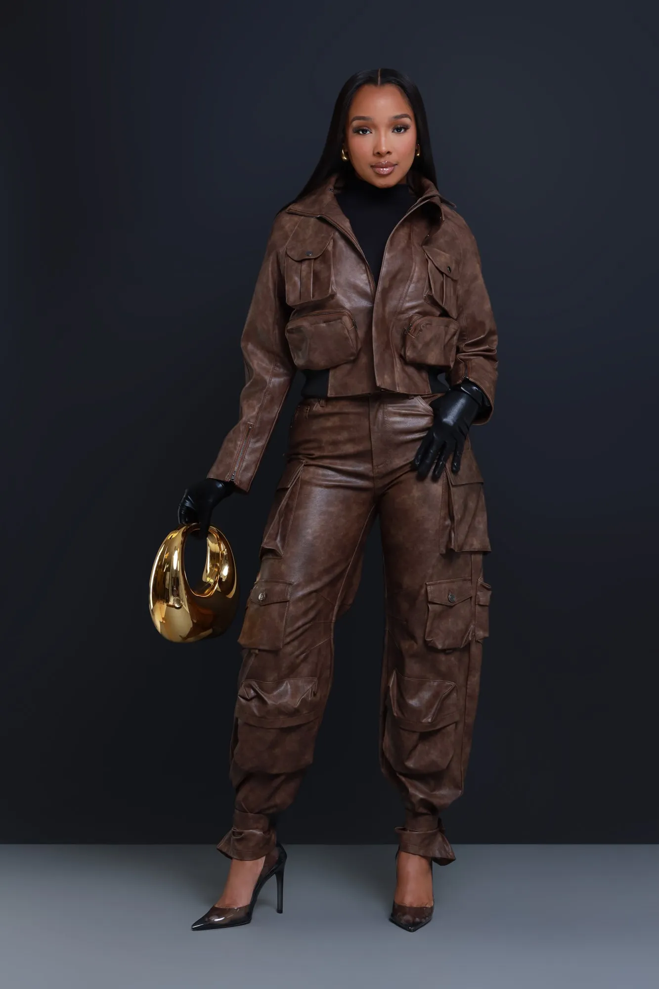 What We Do Vintage Faux Leather Cargo Pants - Brown sold by Swankaposh product image thumbnail 2