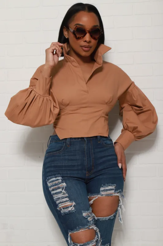 Cancun Balloon Sleeve Cropped Blouse - Peanut Butter sold by Swankaposh