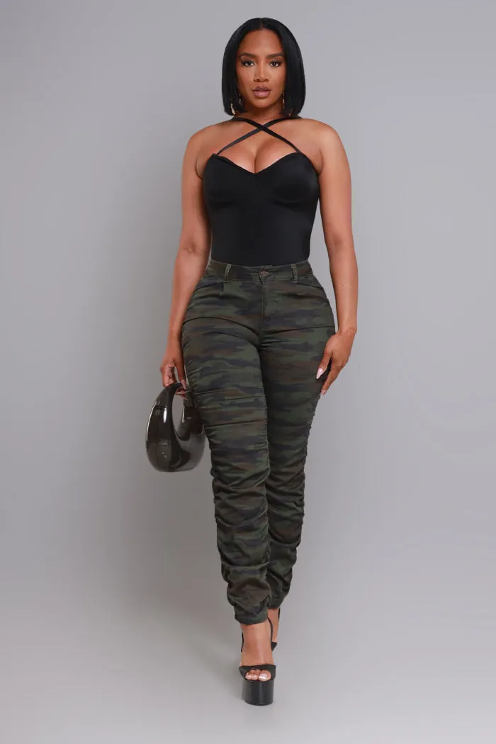 Judgement Day High Rise Ruched Cargo Pants - Green Camo sold by Swankaposh