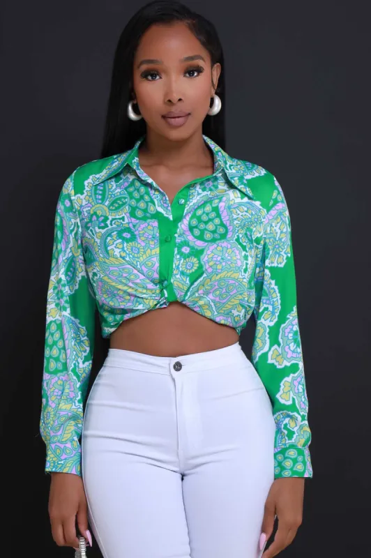 Close Friend Printed Button Up Top - Green Multicolor sold by Swankaposh