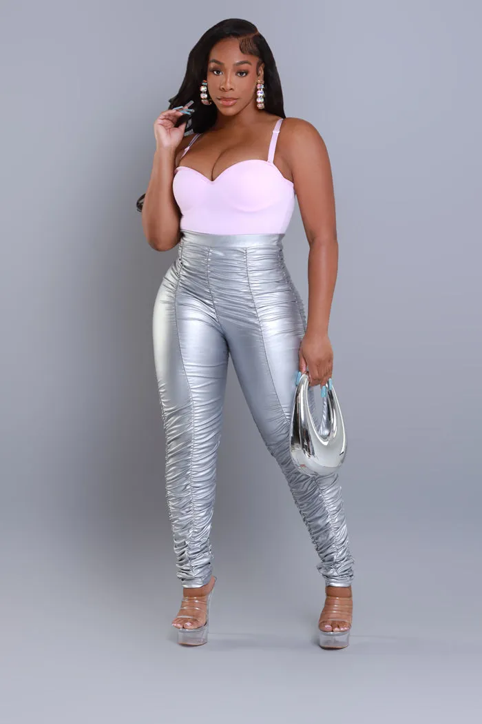 Be Honest Ruched High Waist Pants - Silver Metallic Leggings sold by Swankaposh product image thumbnail 5