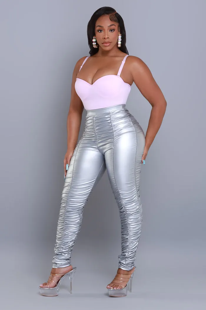 Be Honest Ruched High Waist Pants - Silver Metallic Leggings sold by Swankaposh product image thumbnail 3