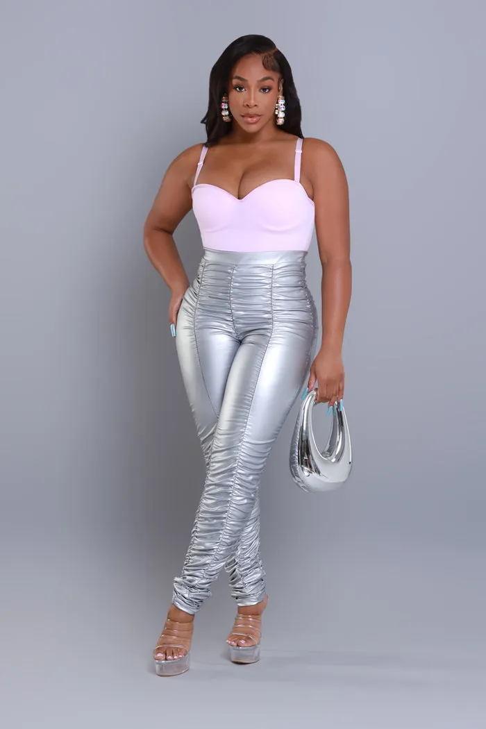 Be Honest Ruched High Waist Pants - Silver Metallic Leggings sold by Swankaposh product image thumbnail 4
