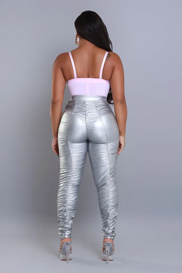 Be Honest Ruched High Waist Pants - Silver Metallic Leggings sold by Swankaposh product image thumbnail 2
