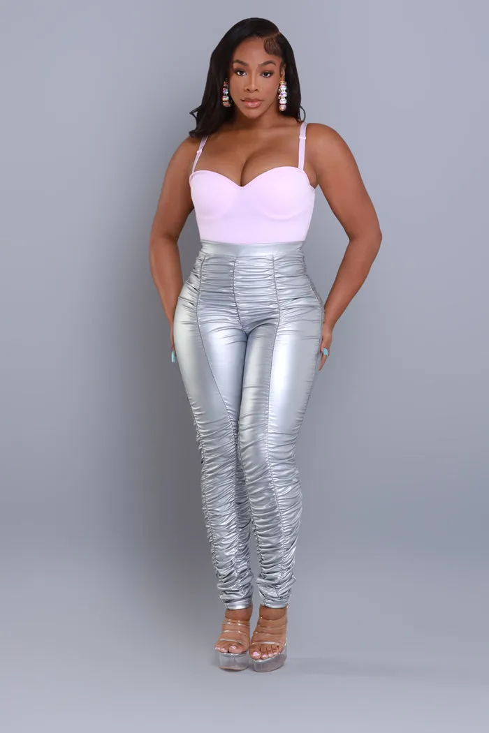Be Honest Ruched High Waist Pants - Silver Metallic Leggings sold by Swankaposh