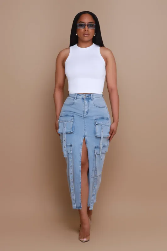 Be Gone Denim Cargo Skirt - Light Wash sold by Swankaposh