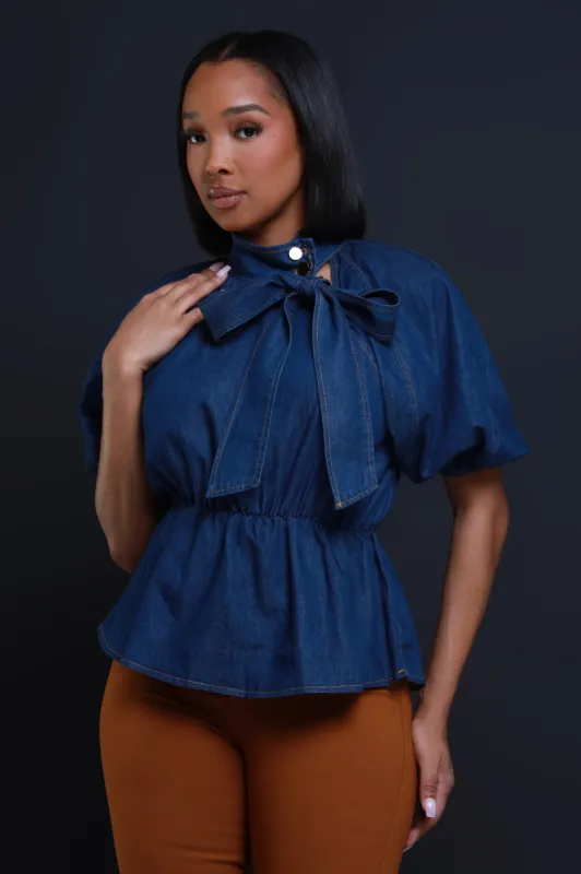 Nice View Mock Neck Short Sleeve Denim Blouse - Dark Wash sold by Swankaposh