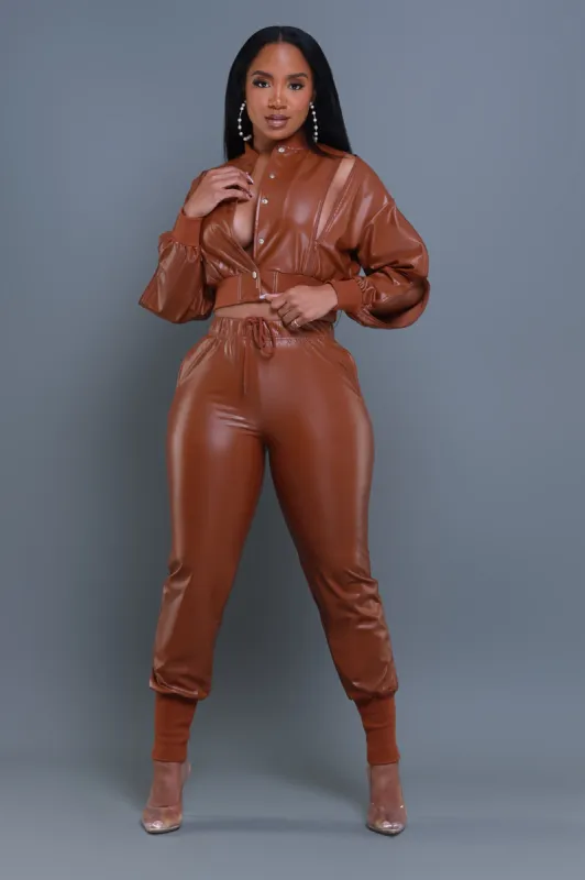Top Priority Zippered Cropped Jogger Set - Light Brown Faux Leather sold by Swankaposh
