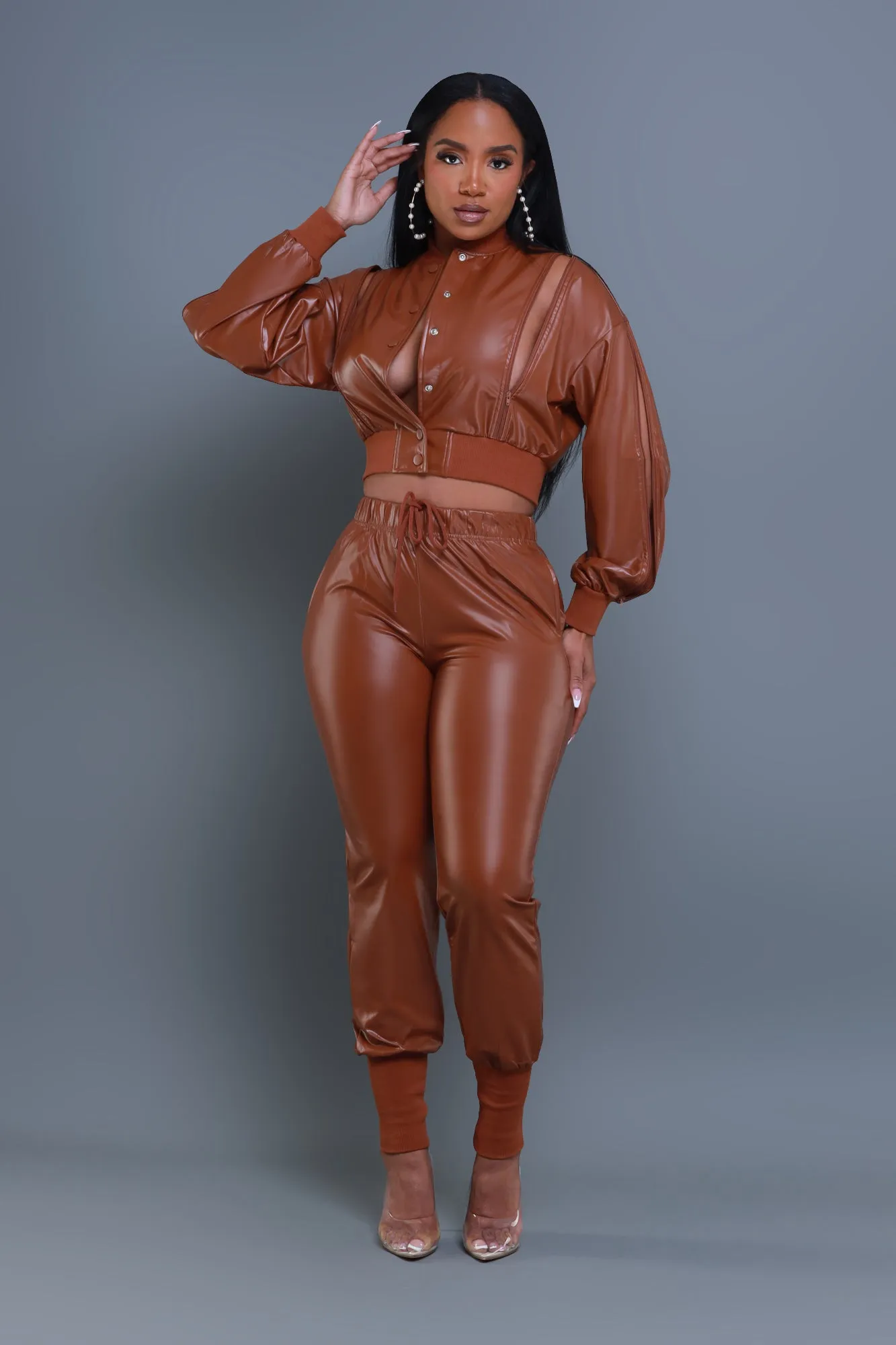 Top Priority Zippered Cropped Jogger Set - Light Brown Faux Leather sold by Swankaposh product image thumbnail 2