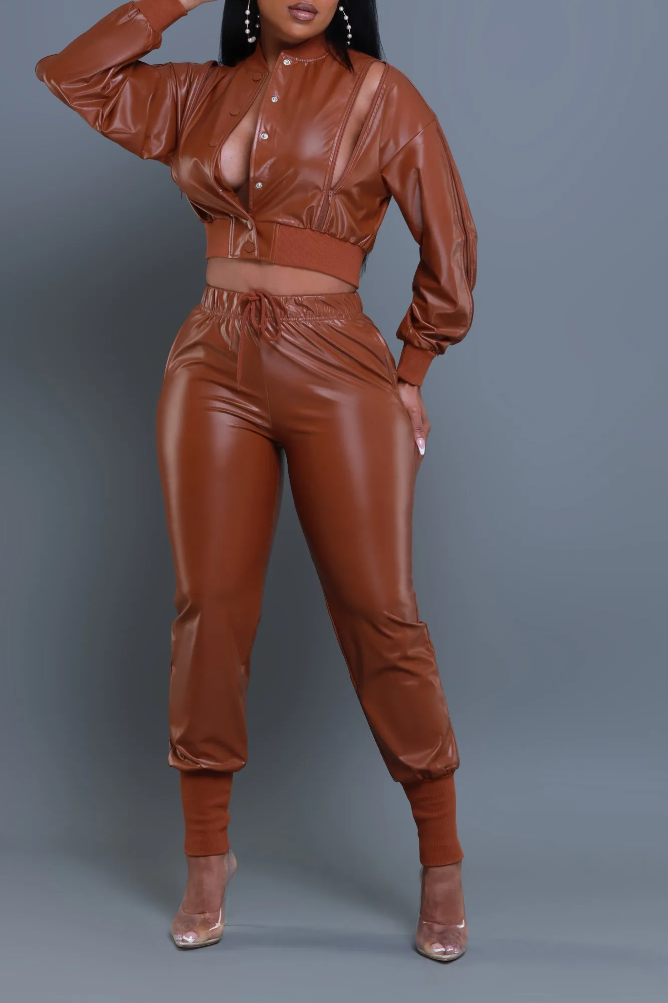 Top Priority Zippered Cropped Jogger Set - Light Brown Faux Leather sold by Swankaposh product image thumbnail 5