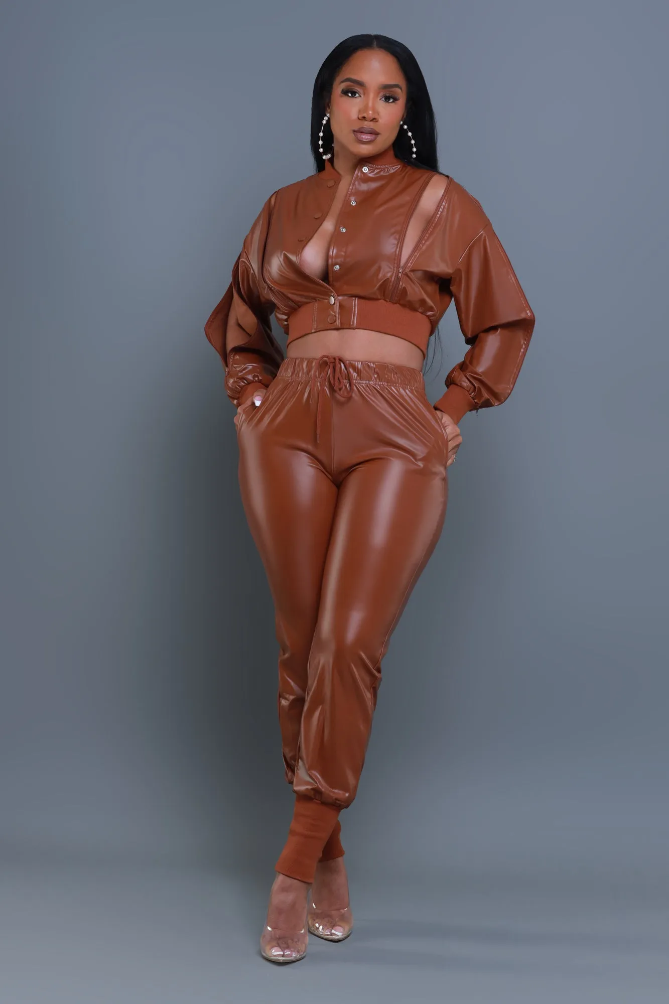 Top Priority Zippered Cropped Jogger Set - Light Brown Faux Leather sold by Swankaposh product image thumbnail 3