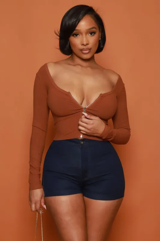 Act Like That Full Zip Crop Top - Coffee sold by Swankaposh