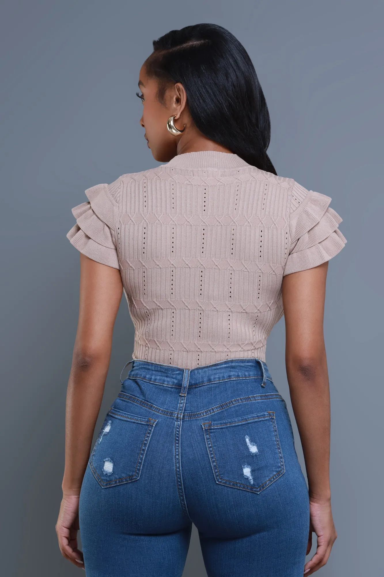 Sweetness Ruffle Shoulder Turtleneck Short Sleeve Sweater - Taupe sold by Swankaposh product image thumbnail 3