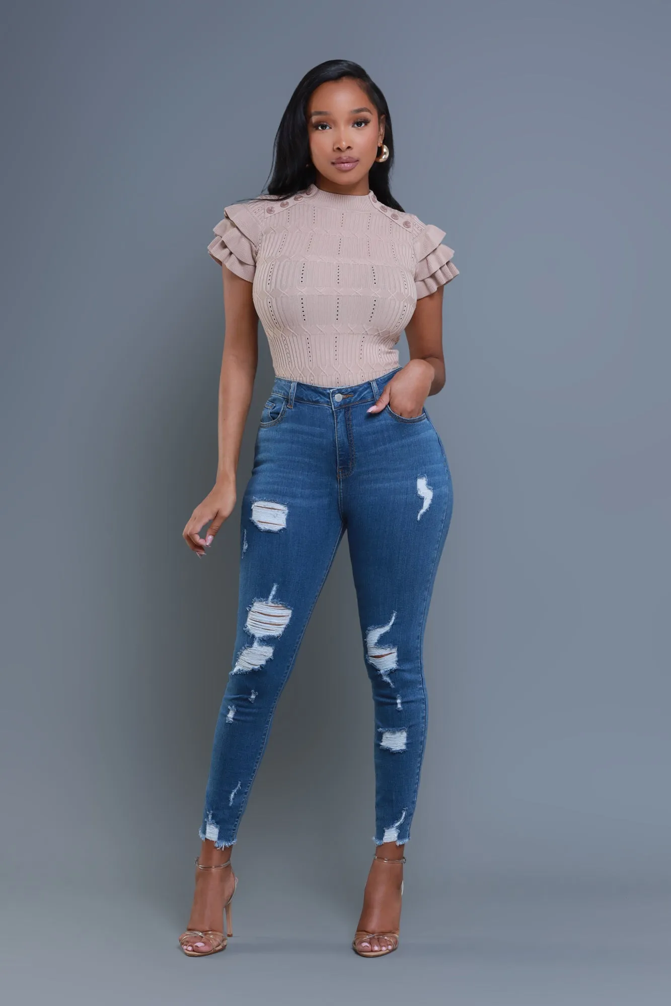 Sweetness Ruffle Shoulder Turtleneck Short Sleeve Sweater - Taupe sold by Swankaposh product image thumbnail 2