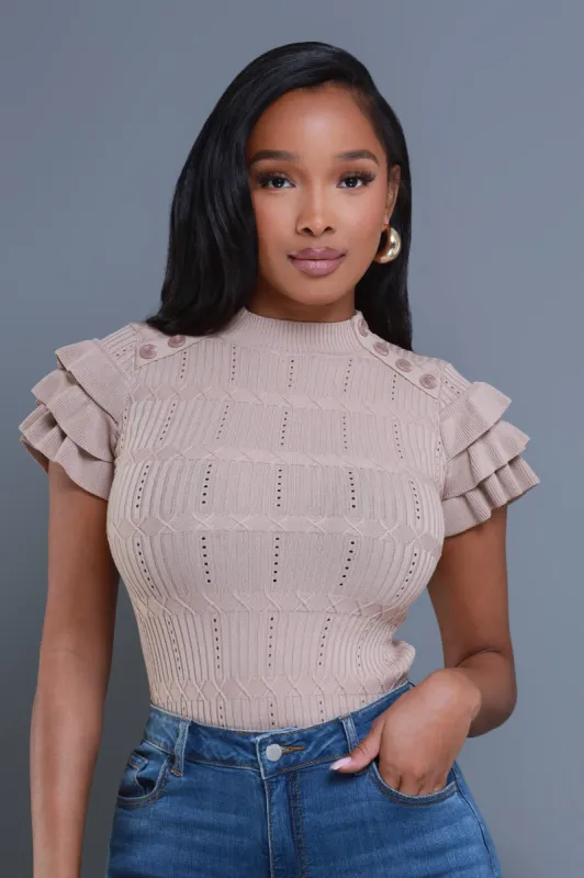 Sweetness Ruffle Shoulder Turtleneck Short Sleeve Sweater - Taupe sold by Swankaposh