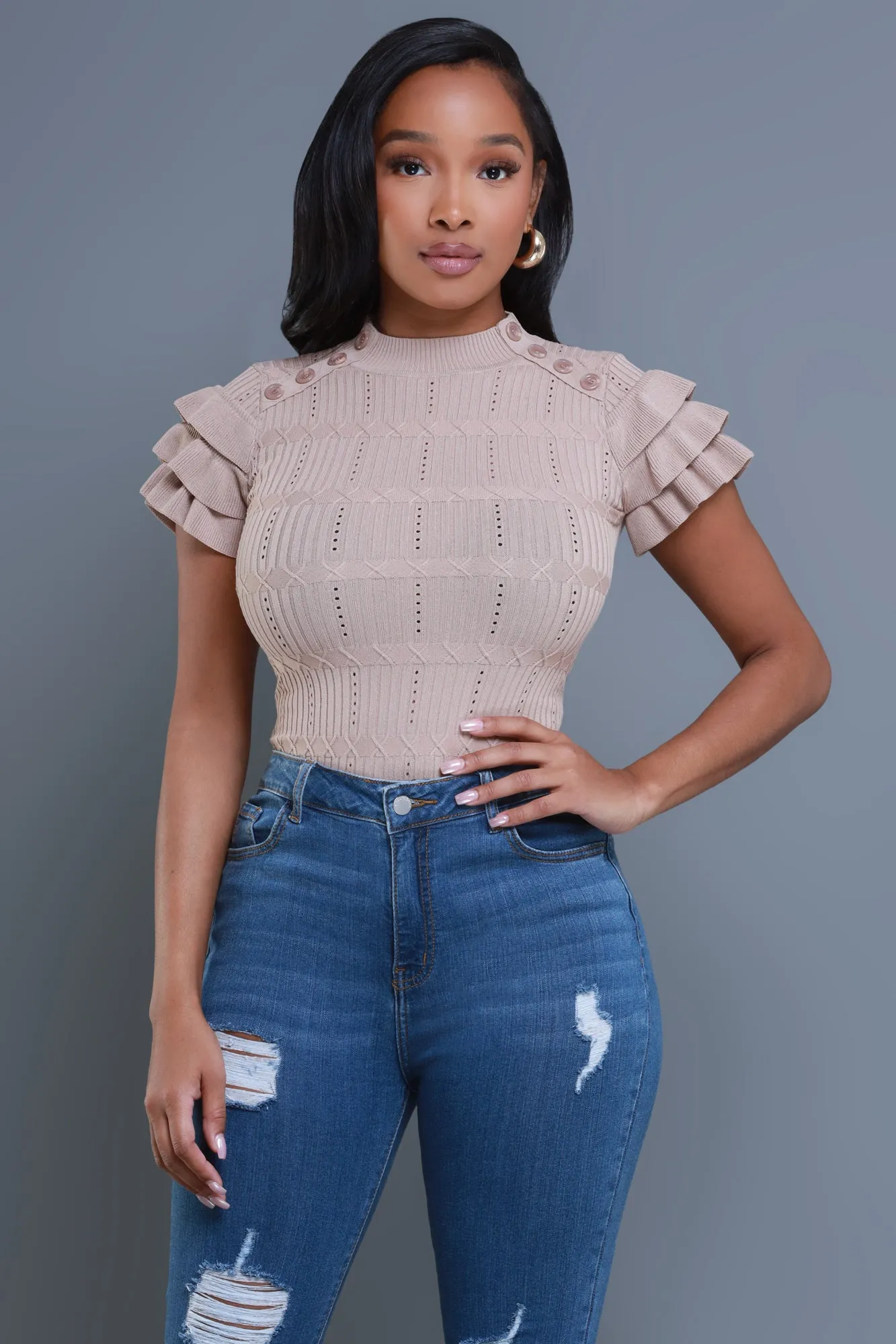Sweetness Ruffle Shoulder Turtleneck Short Sleeve Sweater - Taupe sold by Swankaposh product image thumbnail 5