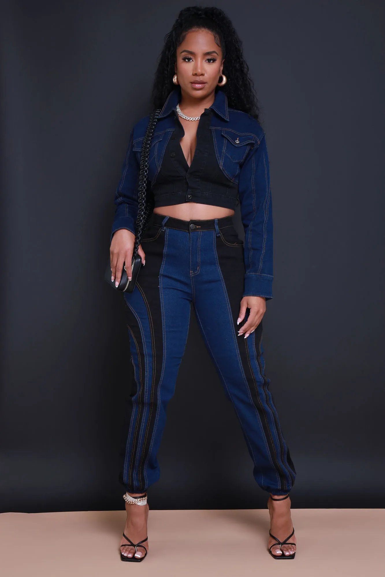 Run Around Two Tone Denim Jacket - Black/Blue sold by Swankaposh product image thumbnail 2