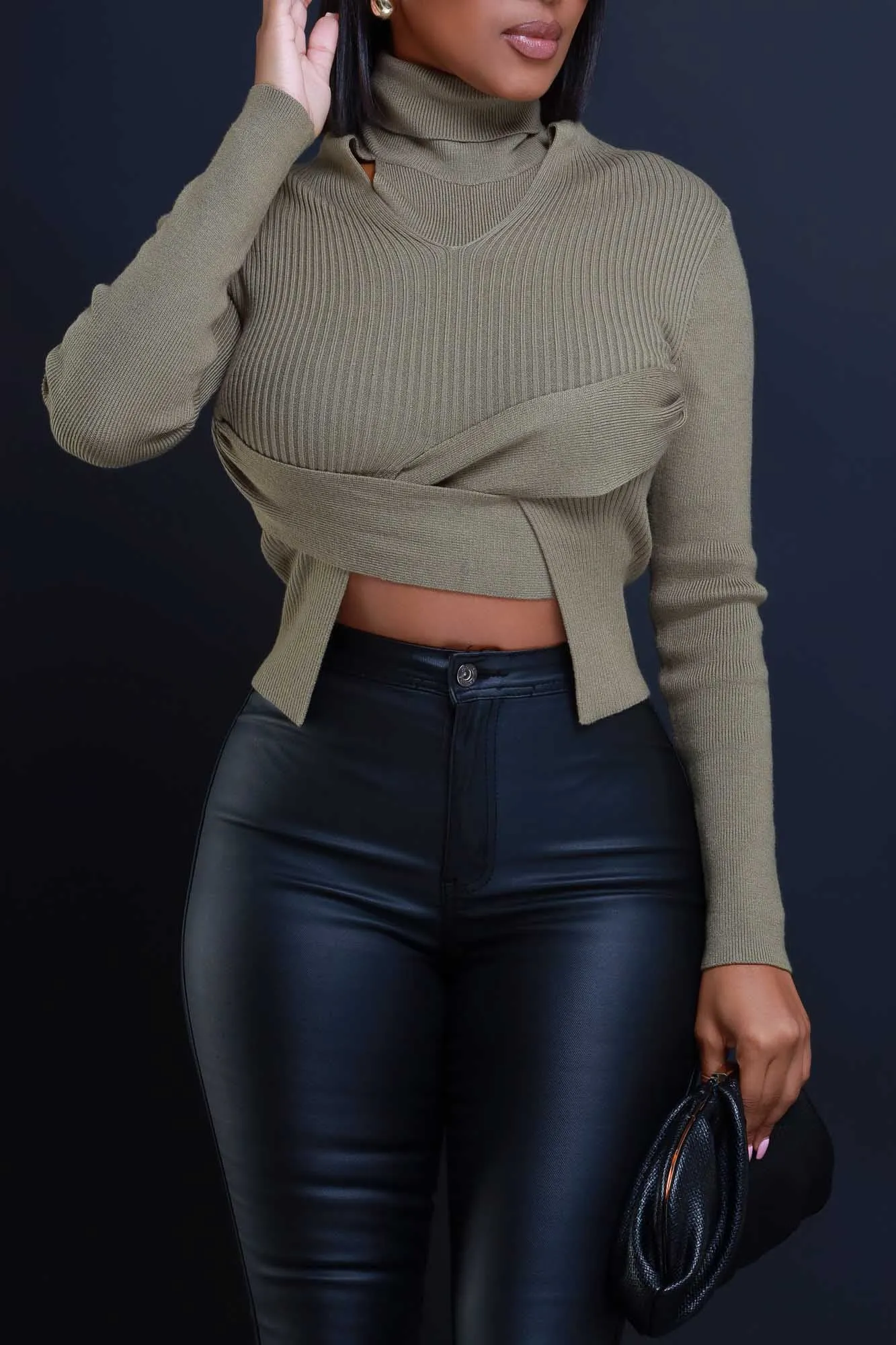 Wish You Stayed Turtleneck Wrap Sweater - Olive sold by Swankaposh