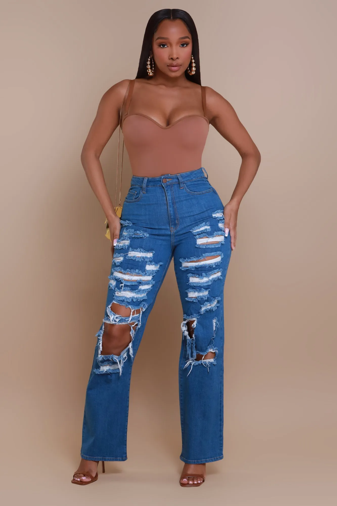 Try To Control High Rise Distressed Straight Leg Jeans - Medium Wash sold by Swankaposh