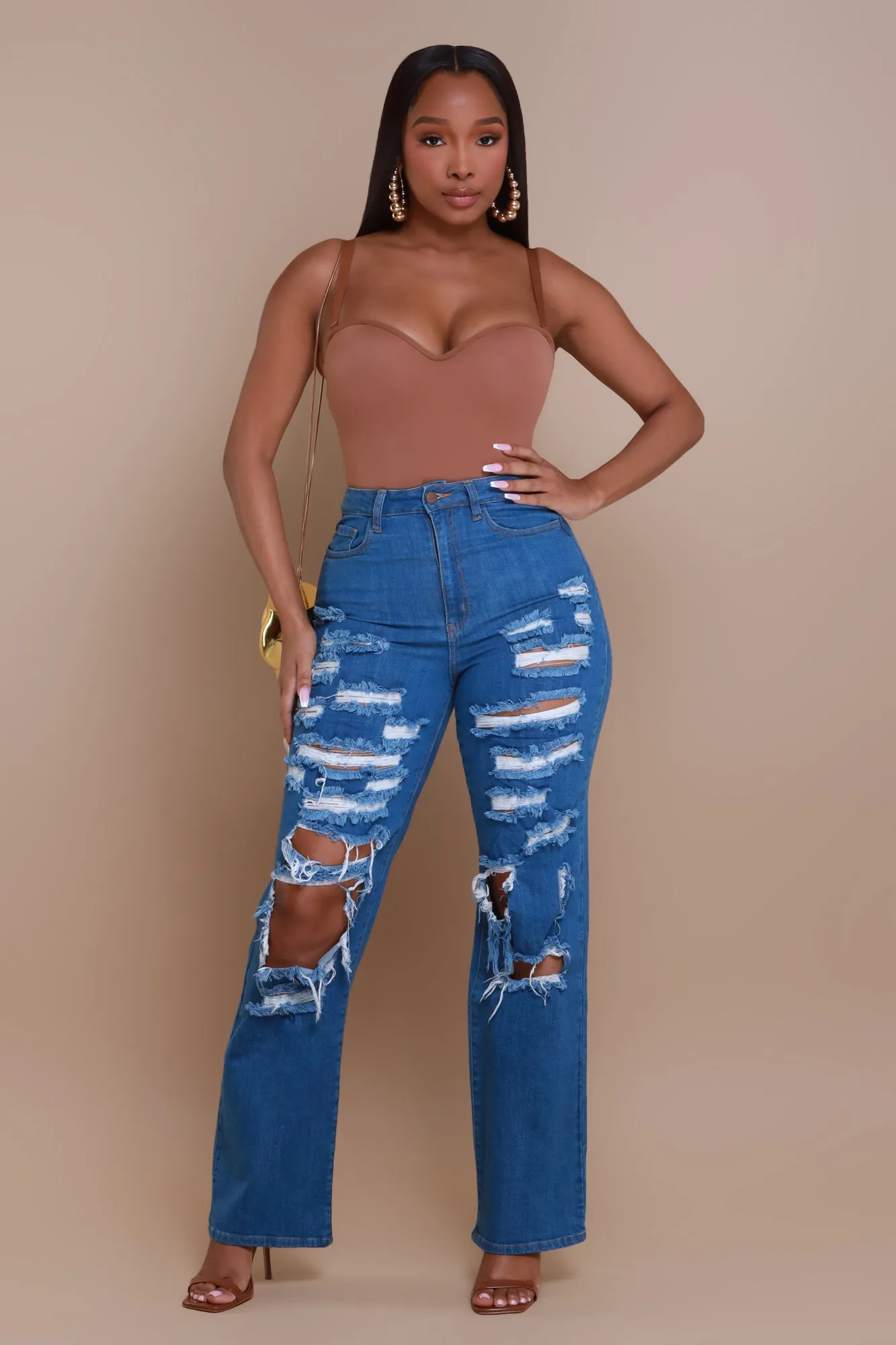 Try To Control High Rise Distressed Straight Leg Jeans - Medium Wash sold by Swankaposh product image thumbnail 5