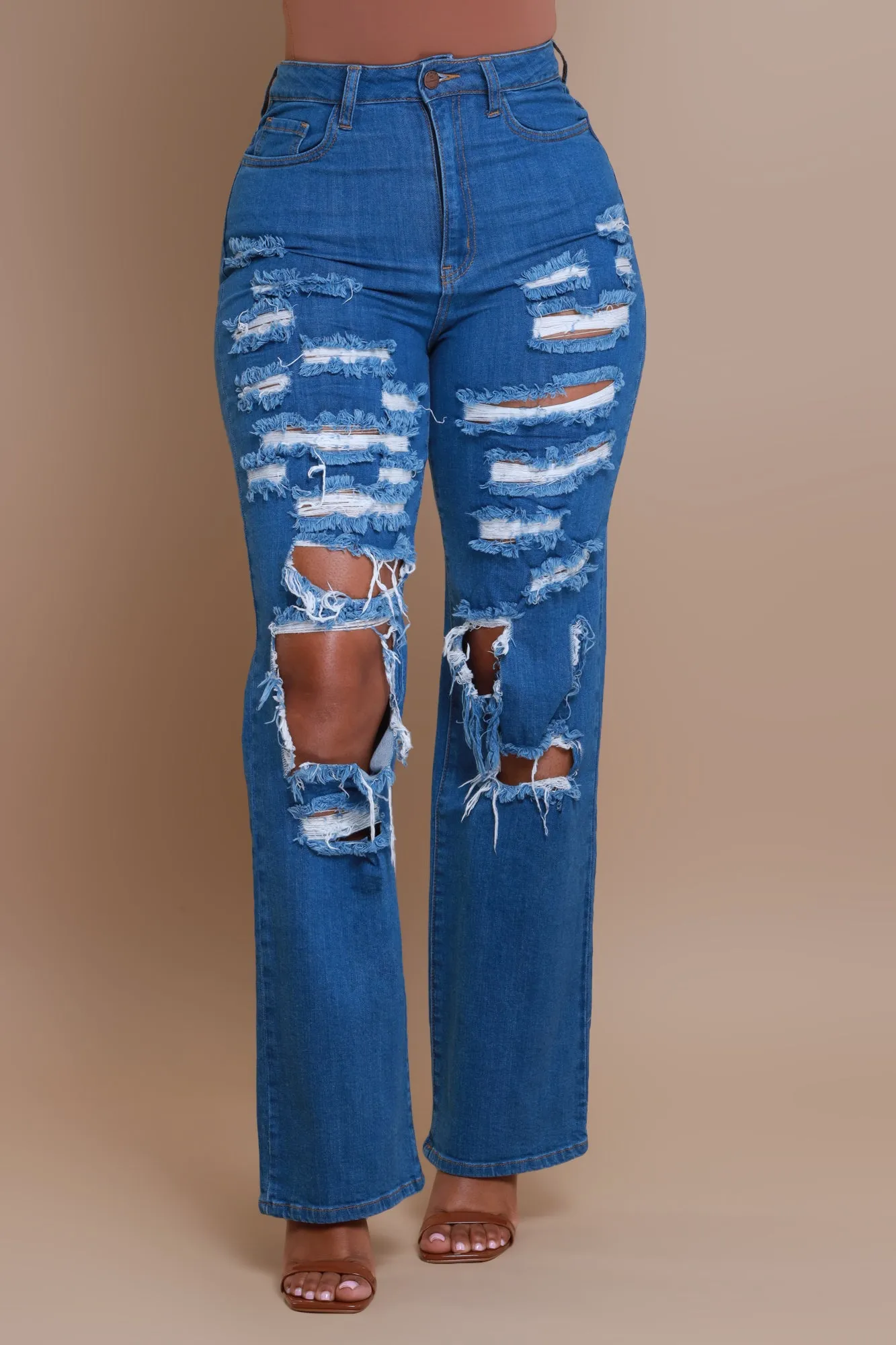 Try To Control High Rise Distressed Straight Leg Jeans - Medium Wash sold by Swankaposh product image thumbnail 4