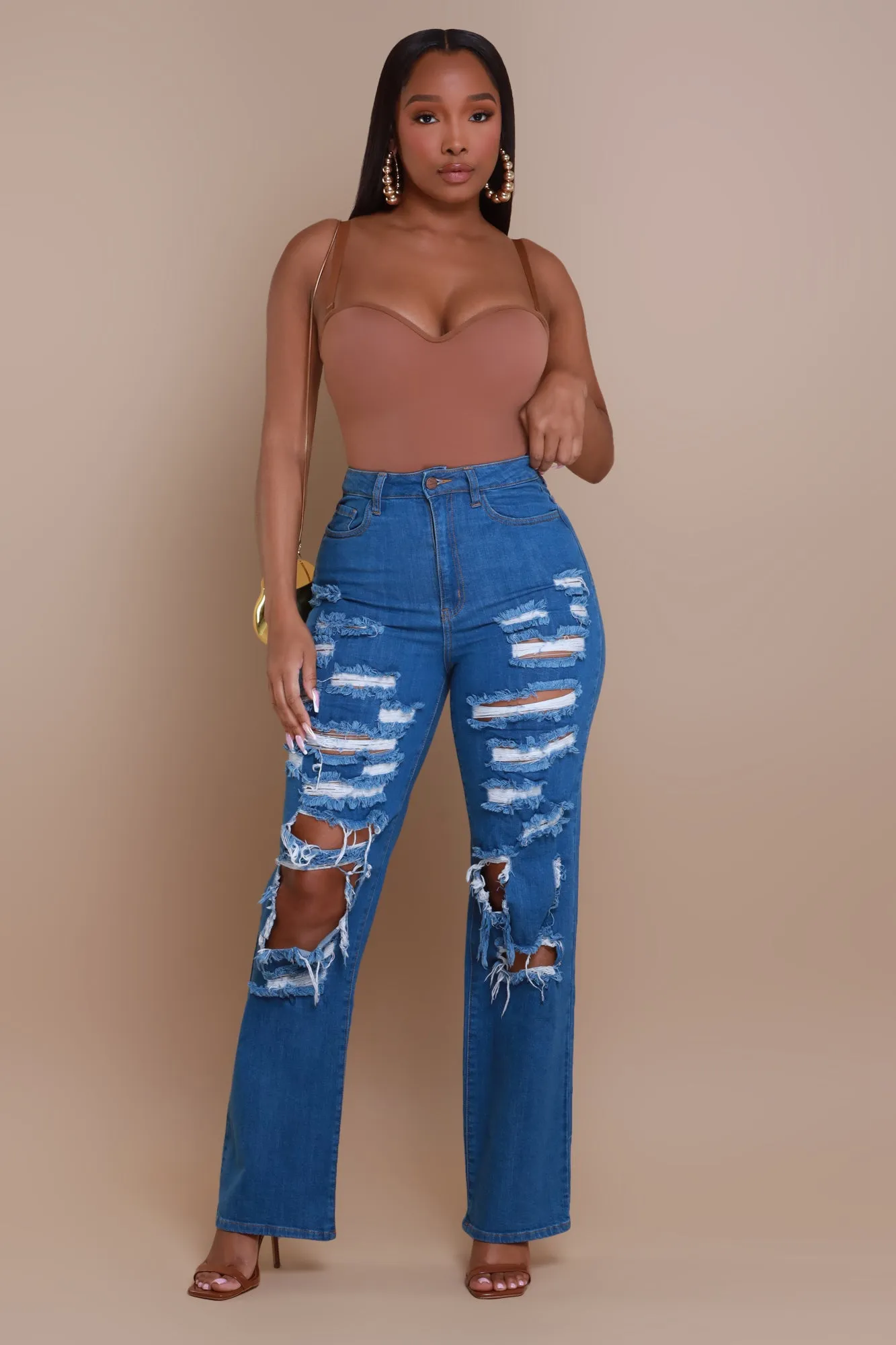 Try To Control High Rise Distressed Straight Leg Jeans - Medium Wash sold by Swankaposh product image thumbnail 3
