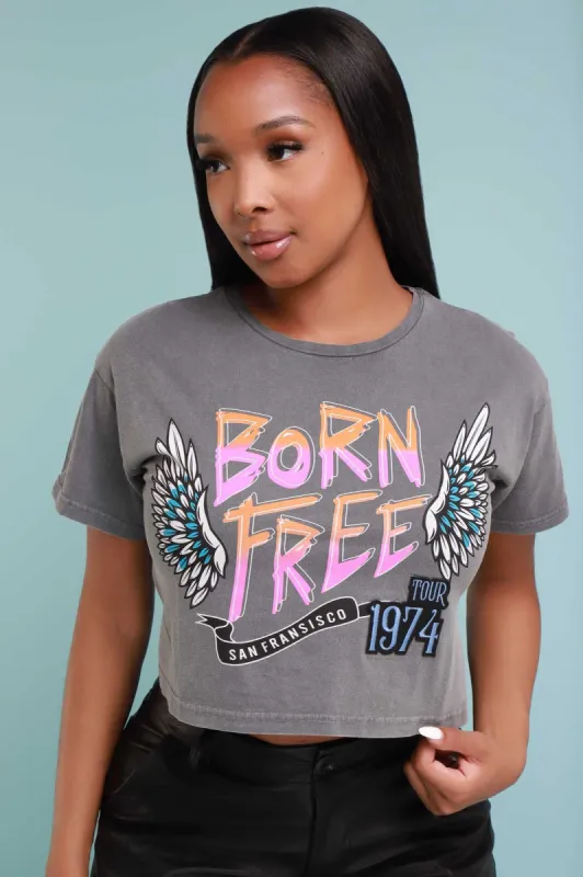 Born Free Cropped Graphic T-Shirt - Grey/Pink sold by Swankaposh