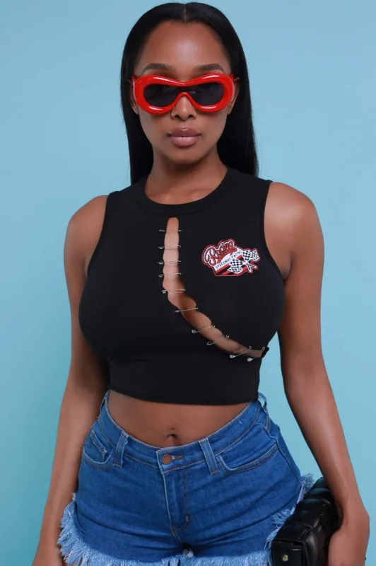Speed Racer Embellished Graphic Crop Top - Black sold by Swankaposh