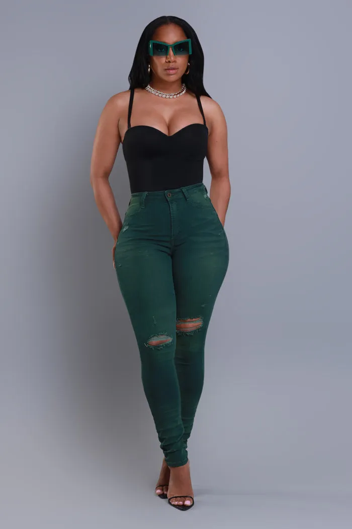 On Your Mind Distressed Skinny Jeans - Green Wash sold by Swankaposh