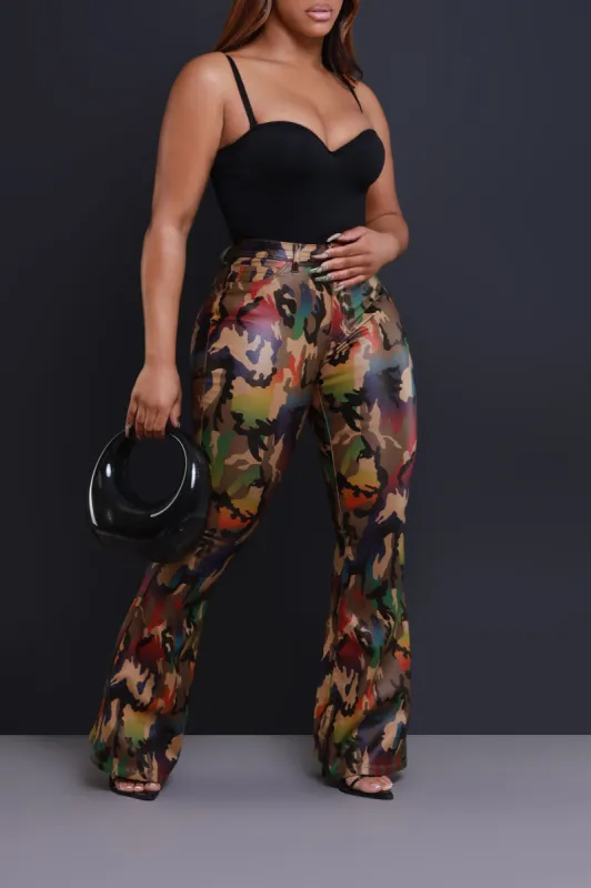 One Call Faux Leather High Rise Flare Pants - Camo sold by Swankaposh