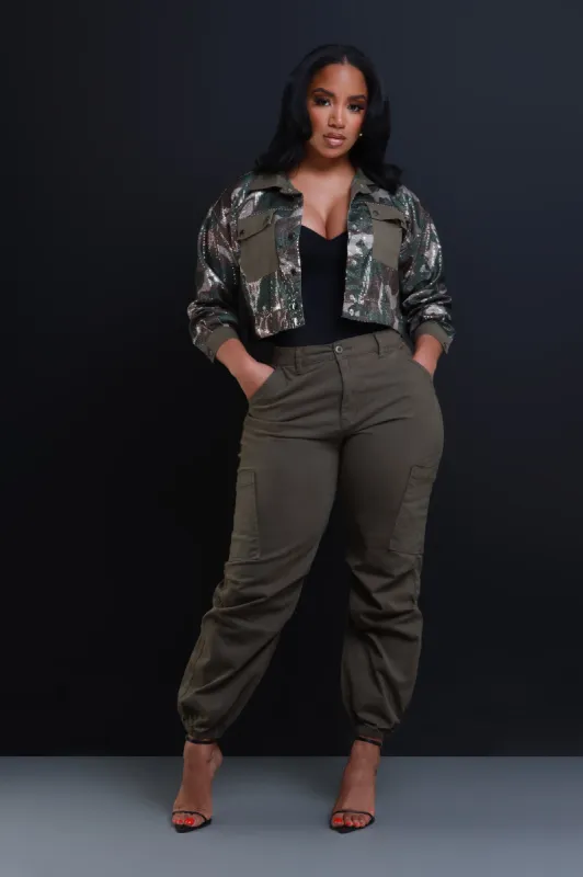 Hang Tight High Rise Parachute Cargo Pants - Olive sold by Swankaposh