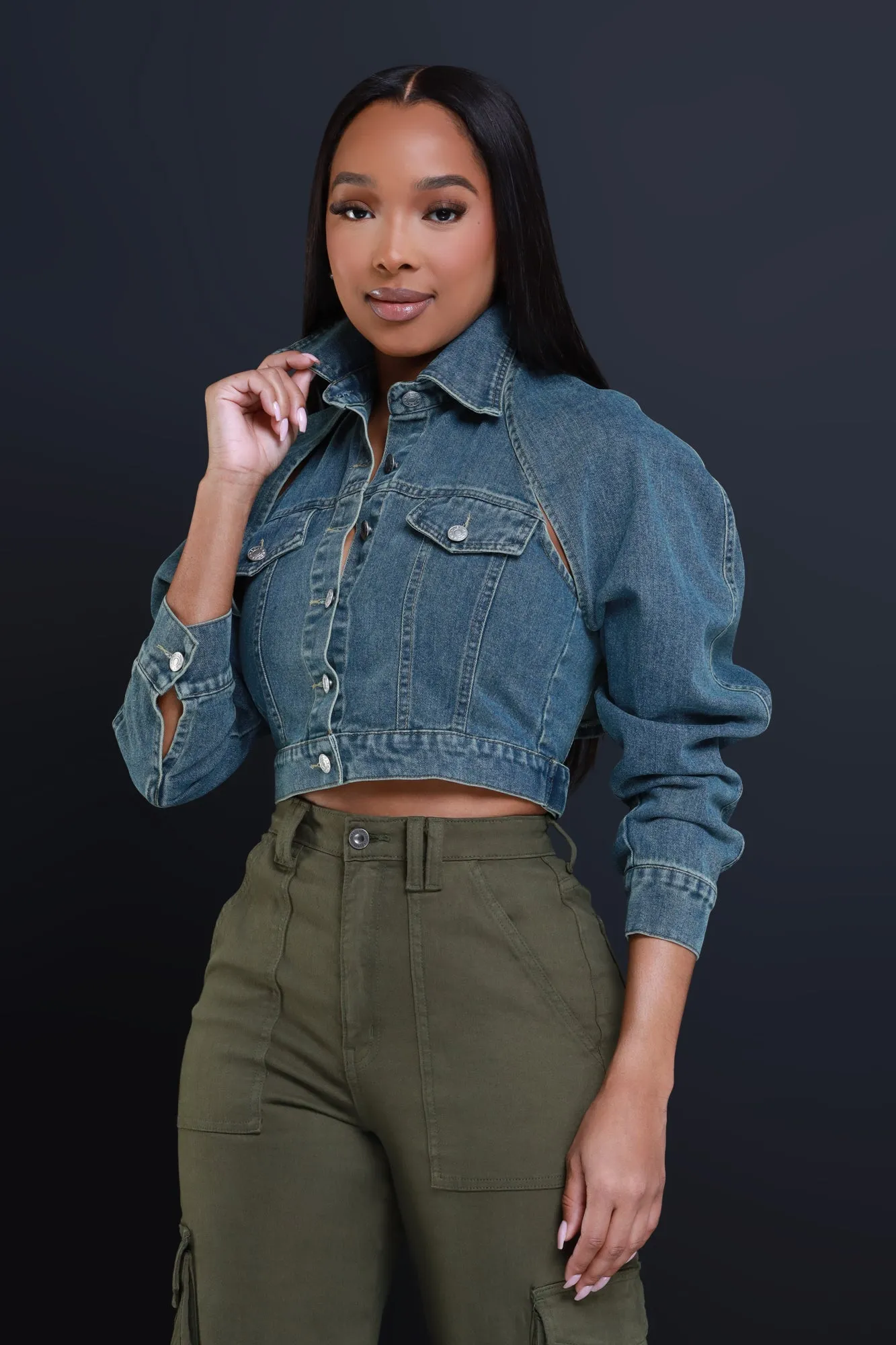 Killa Cropped Cutout Denim Jacket - Vintage Blue sold by Swankaposh product image thumbnail 3