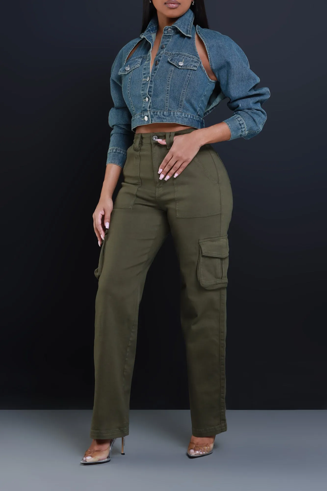 Killa Cropped Cutout Denim Jacket - Vintage Blue sold by Swankaposh